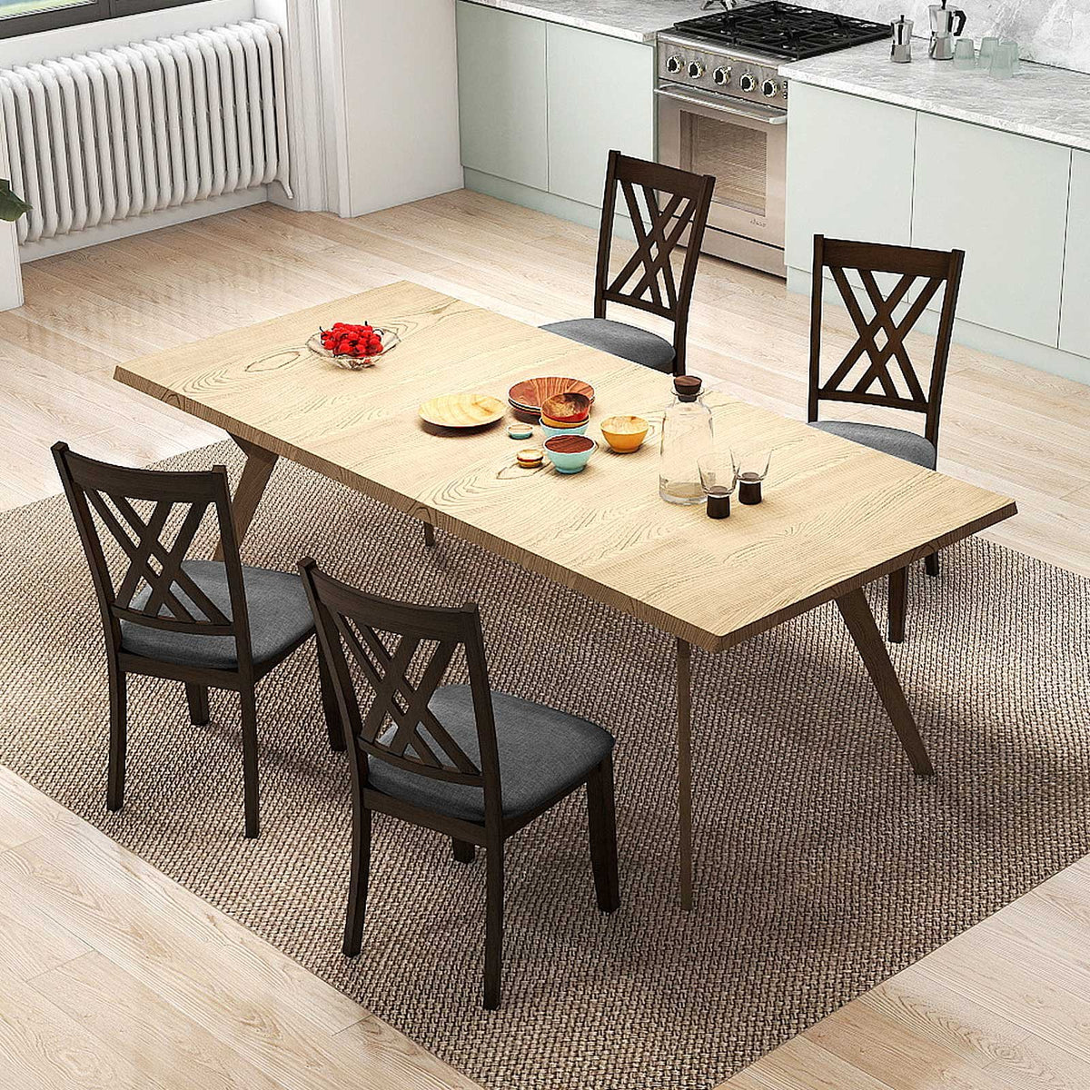 Linen Fabric Upholstered Wooden Dining Chair Set of 4 with Rubber Wood Frame for Dining Room-Gray view 3