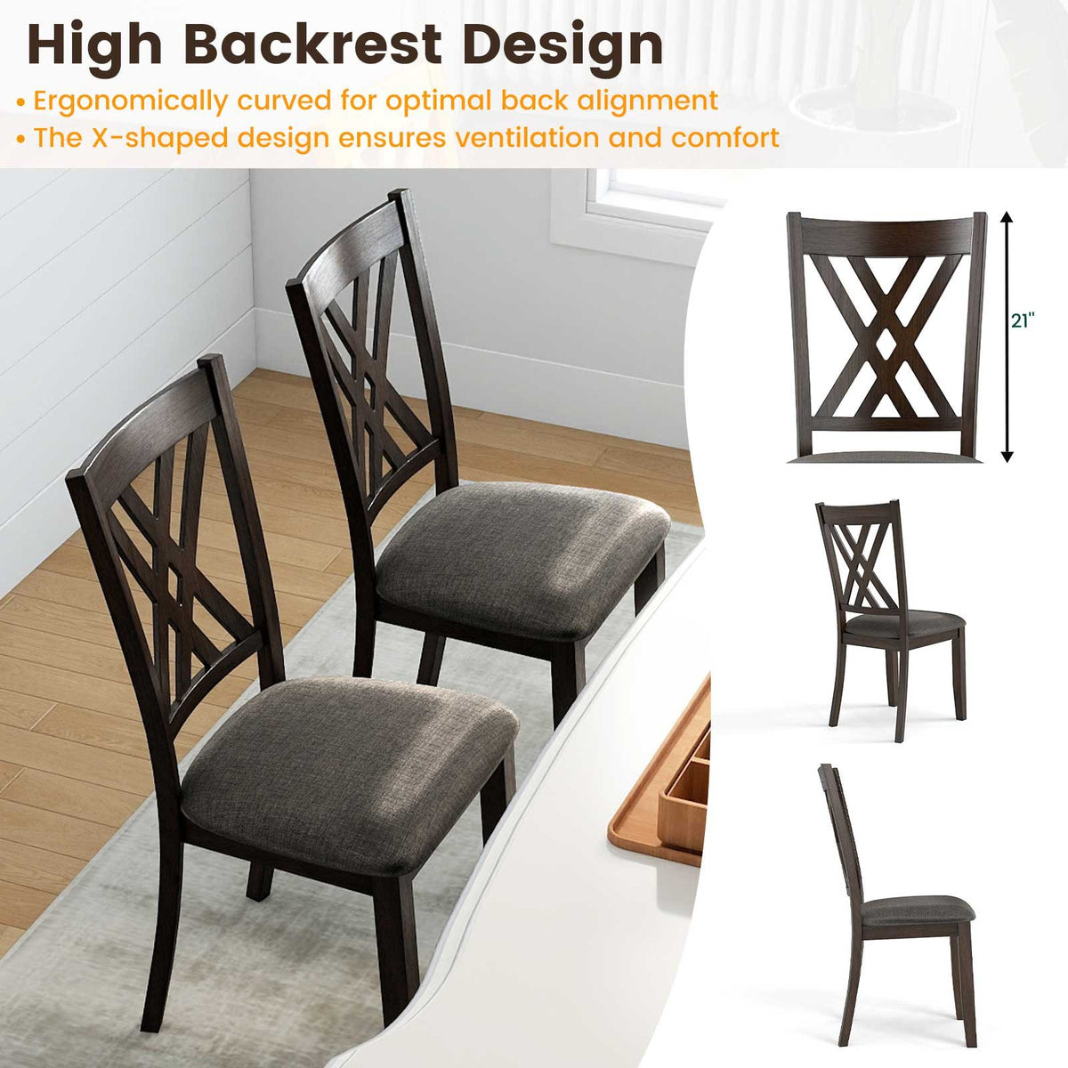 Linen Fabric Upholstered Wooden Dining Chair Set of 4 with Rubber Wood Frame for Dining Room-Gray view 7