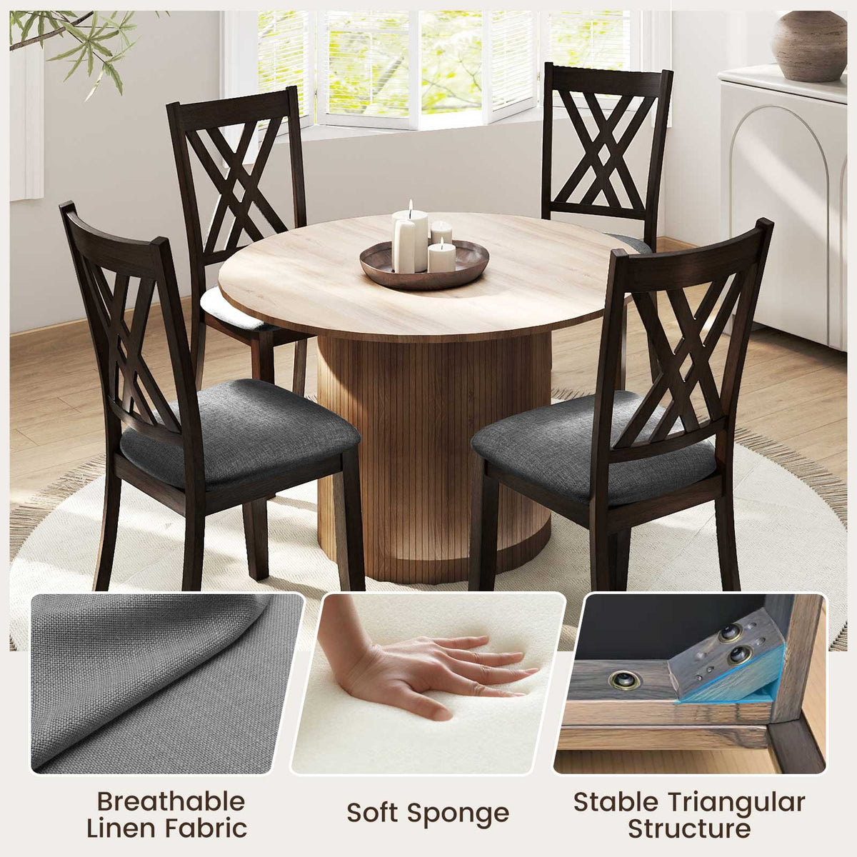 Linen Fabric Upholstered Wooden Dining Chair Set of 4 with Rubber Wood Frame for Dining Room-Gray view 8