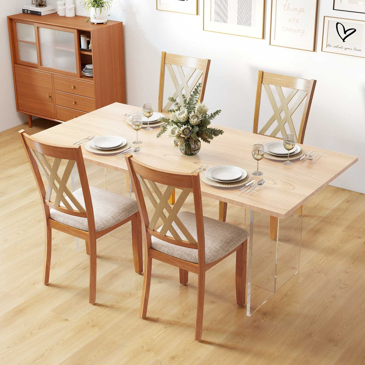 Linen Fabric Upholstered Wooden Dining Chair Set of 4 with Rubber Wood Frame for Dining Room-Natural view 3