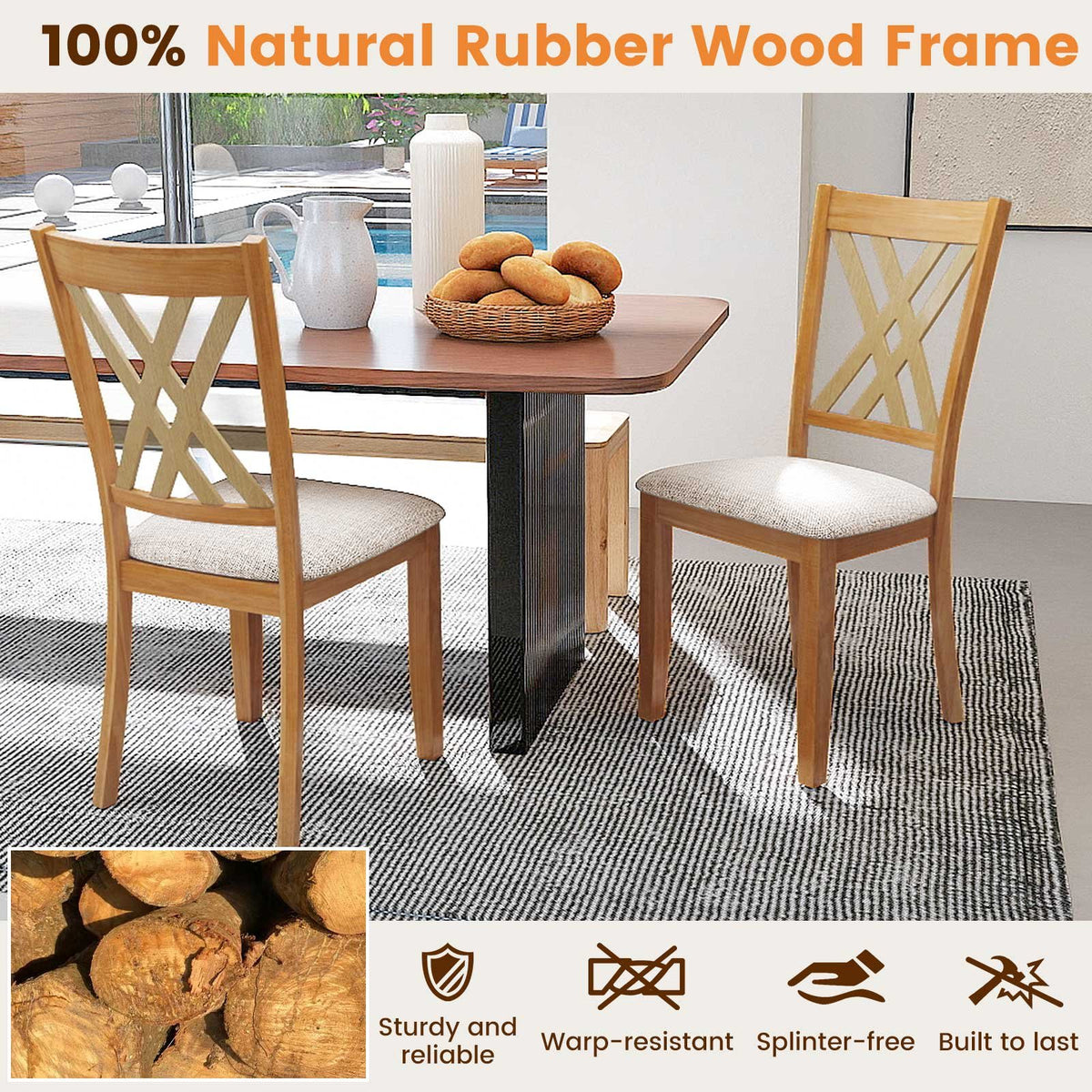 Linen Fabric Upholstered Wooden Dining Chair Set of 4 with Rubber Wood Frame for Dining Room-Natural view 5