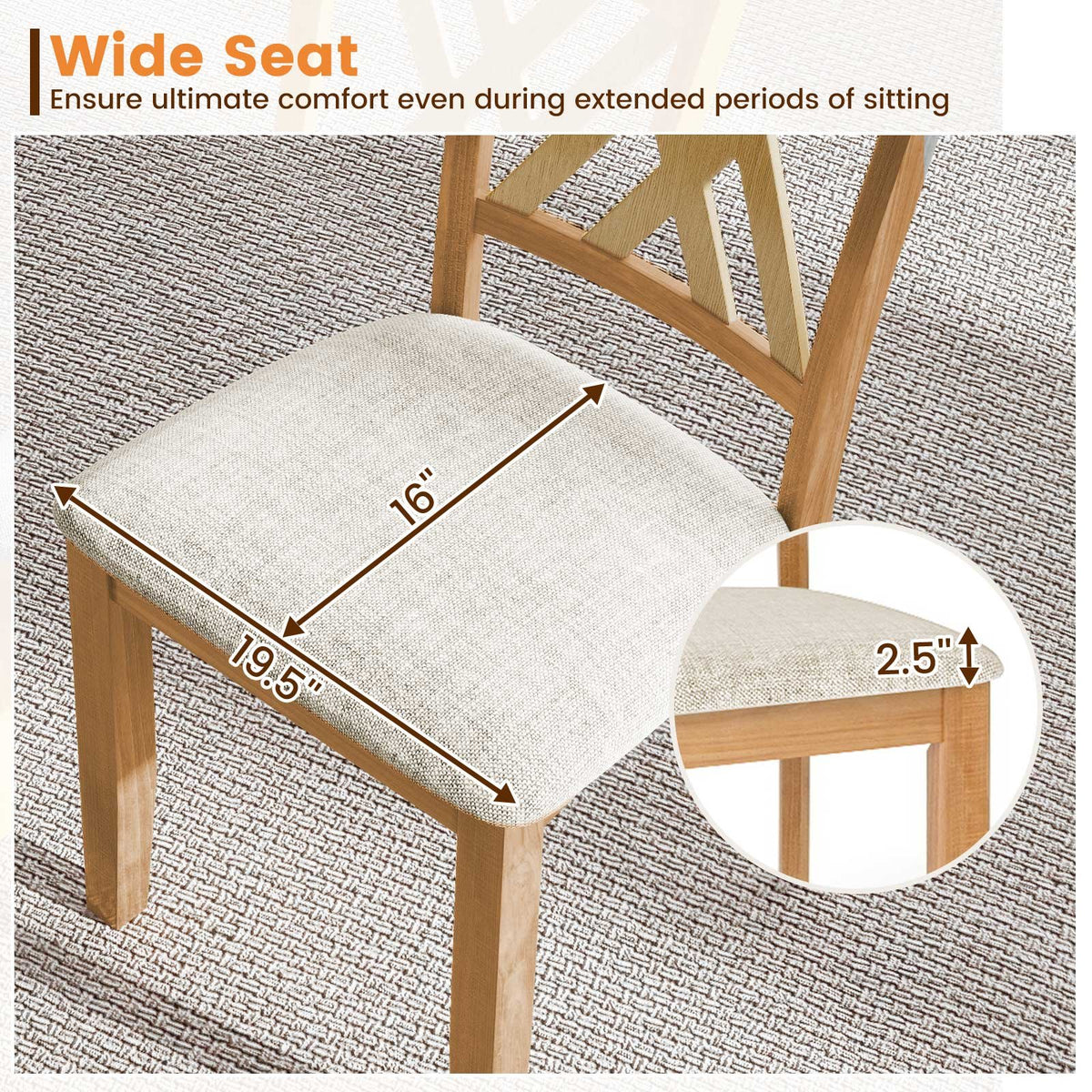 Linen Fabric Upholstered Wooden Dining Chair Set of 4 with Rubber Wood Frame for Dining Room-Natural view 6