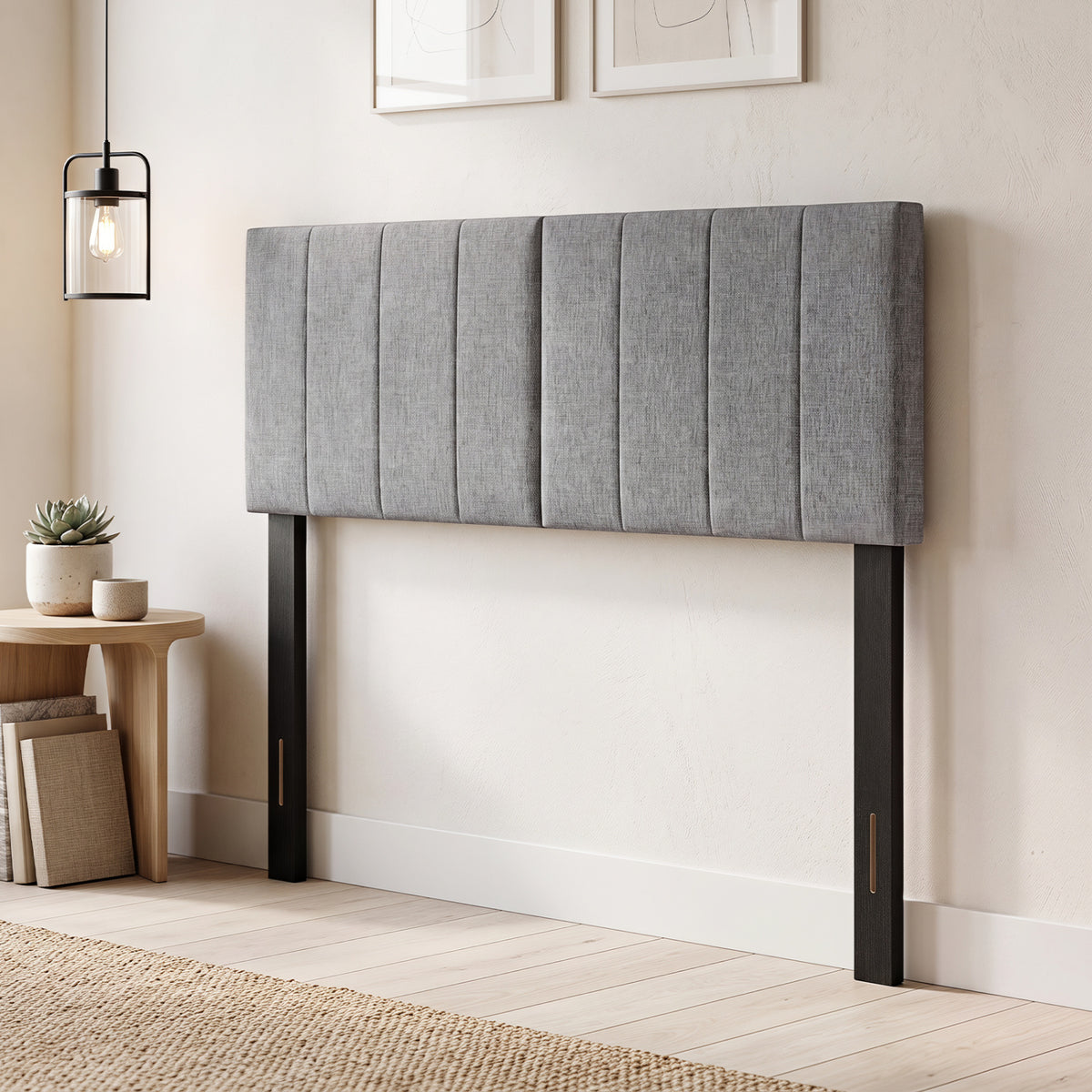 Linen Upholstered Headboard with Solid Wood Legs and Adjustable Width-Dark Gray view 3