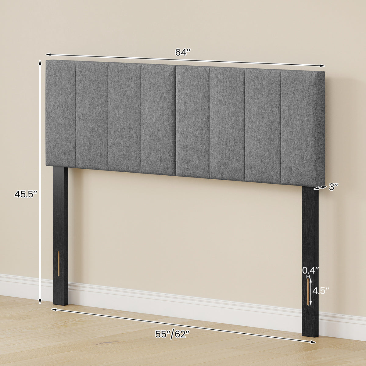 Linen Upholstered Headboard with Solid Wood Legs and Adjustable Width-Dark Gray view 5