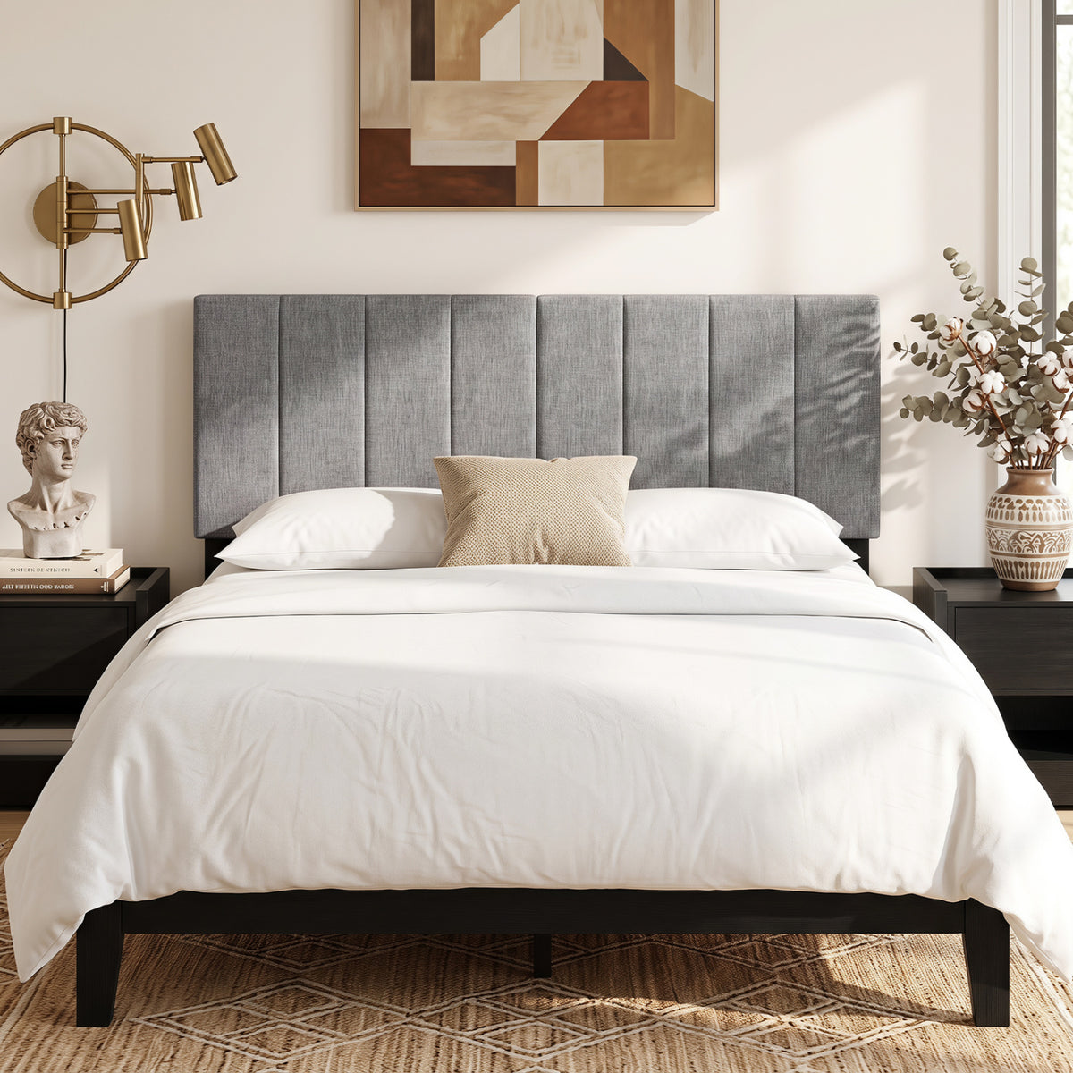 Linen Upholstered Headboard with Solid Wood Legs and Adjustable Width-Dark Gray view 6