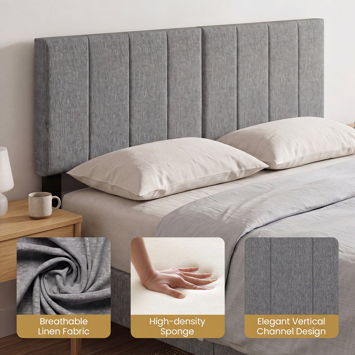 Linen Upholstered Headboard with Solid Wood Legs and Adjustable Width-Dark Gray view 9