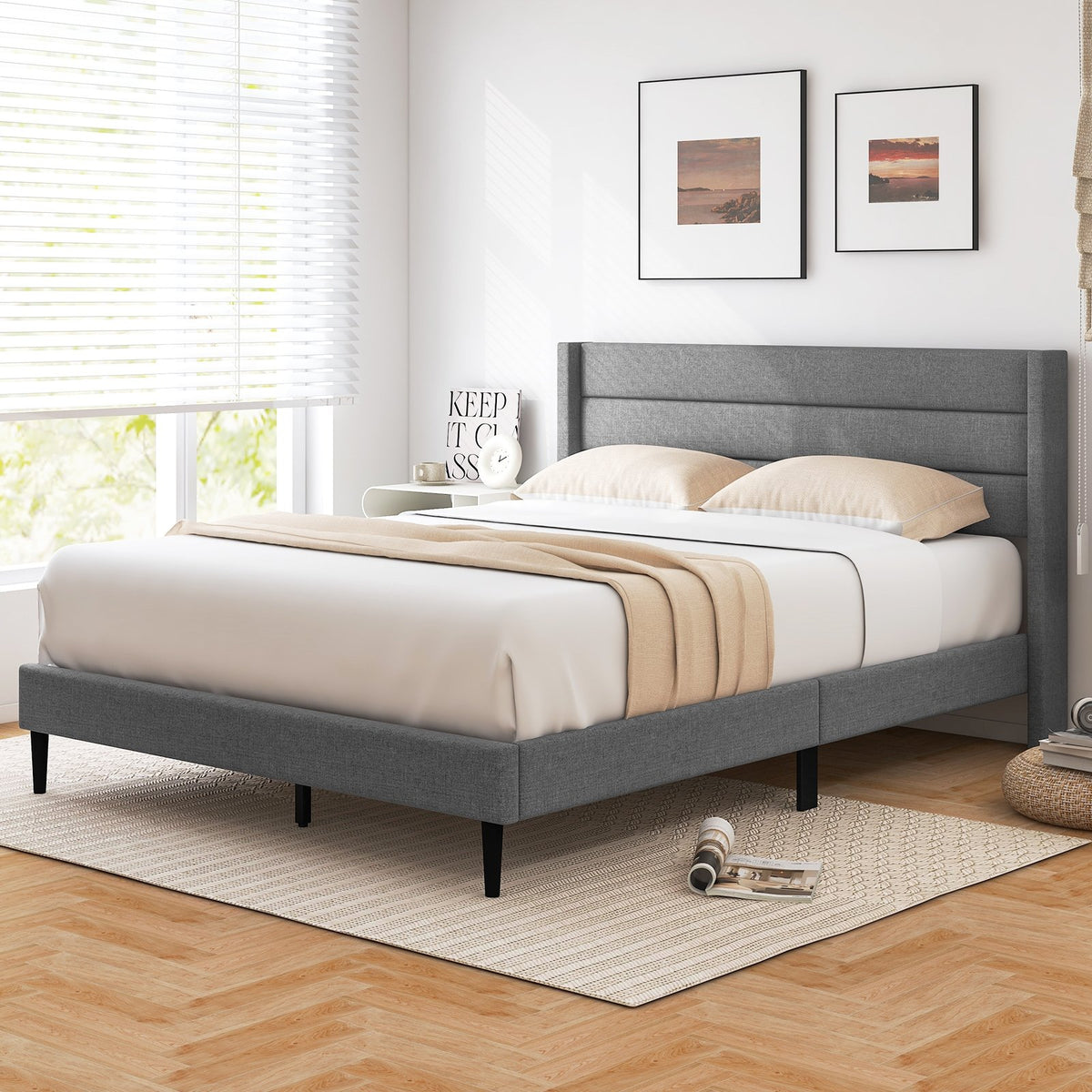 Linen Upholstered Platform Twin/Queen Bed Frame with Wingback Headboard-Queen Size view 3