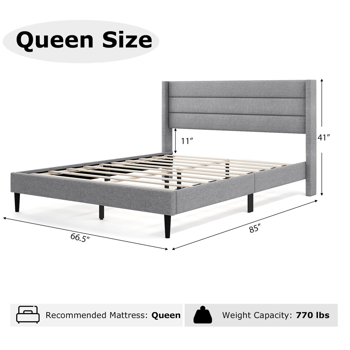 Linen Upholstered Platform Twin/Queen Bed Frame with Wingback Headboard-Queen Size view 4