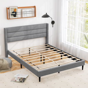 Linen Upholstered Platform Twin/Queen Bed Frame with Wingback Headboard-Queen Size view 6