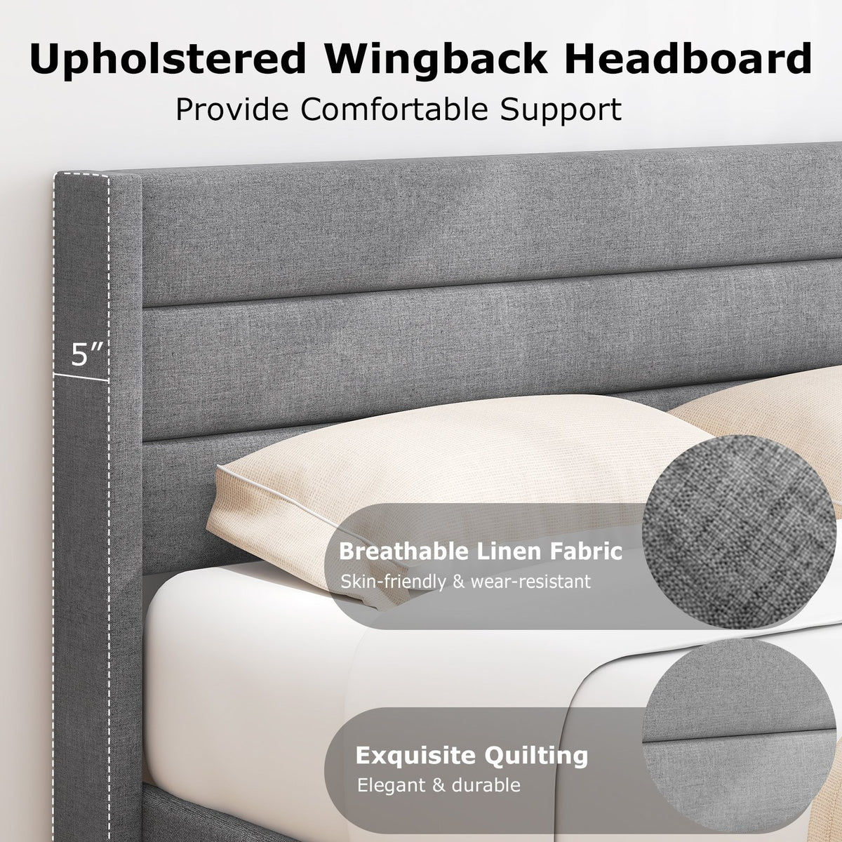Linen Upholstered Platform Twin/Queen Bed Frame with Wingback Headboard-Queen Size view 7