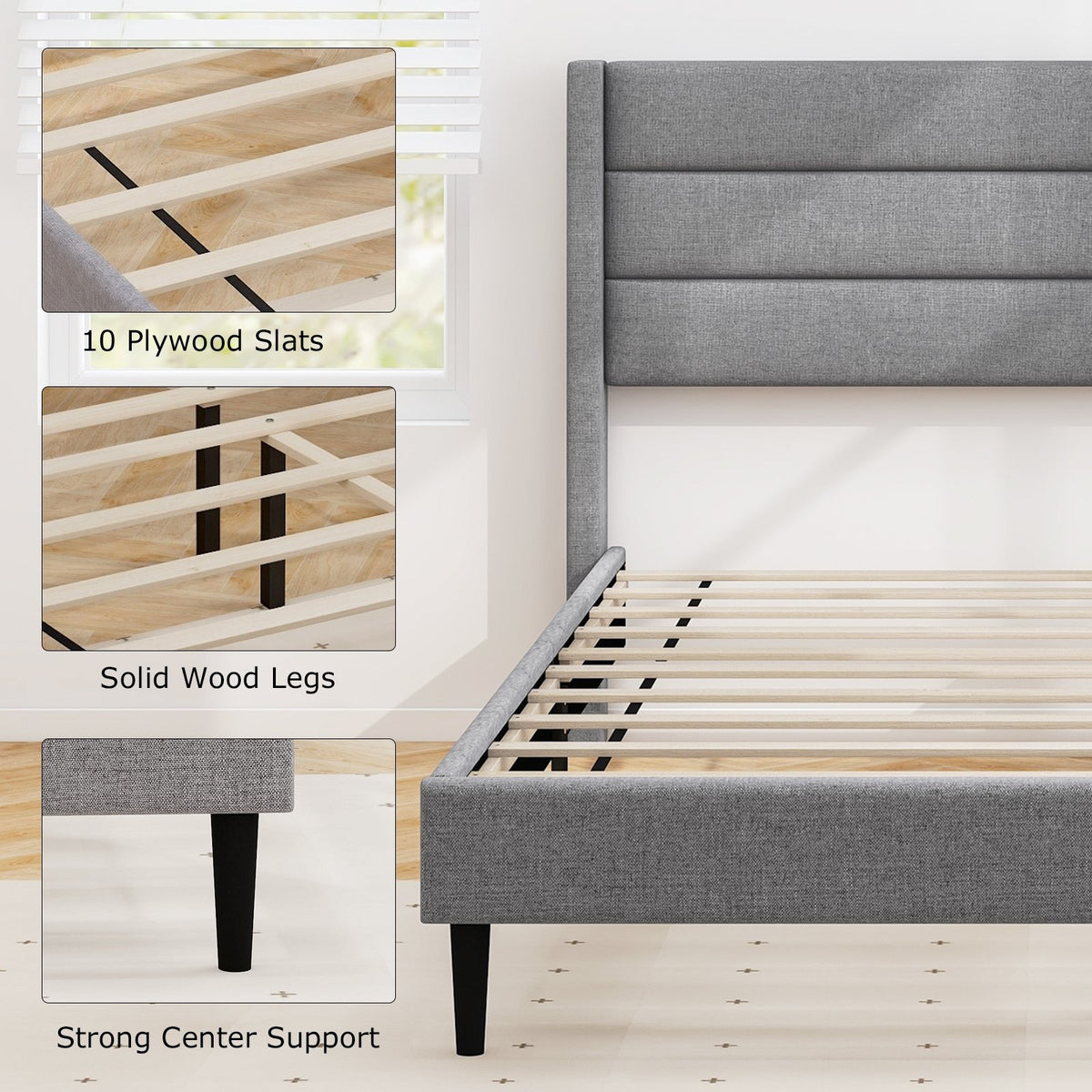 Linen Upholstered Platform Twin/Queen Bed Frame with Wingback Headboard-Queen Size view 9