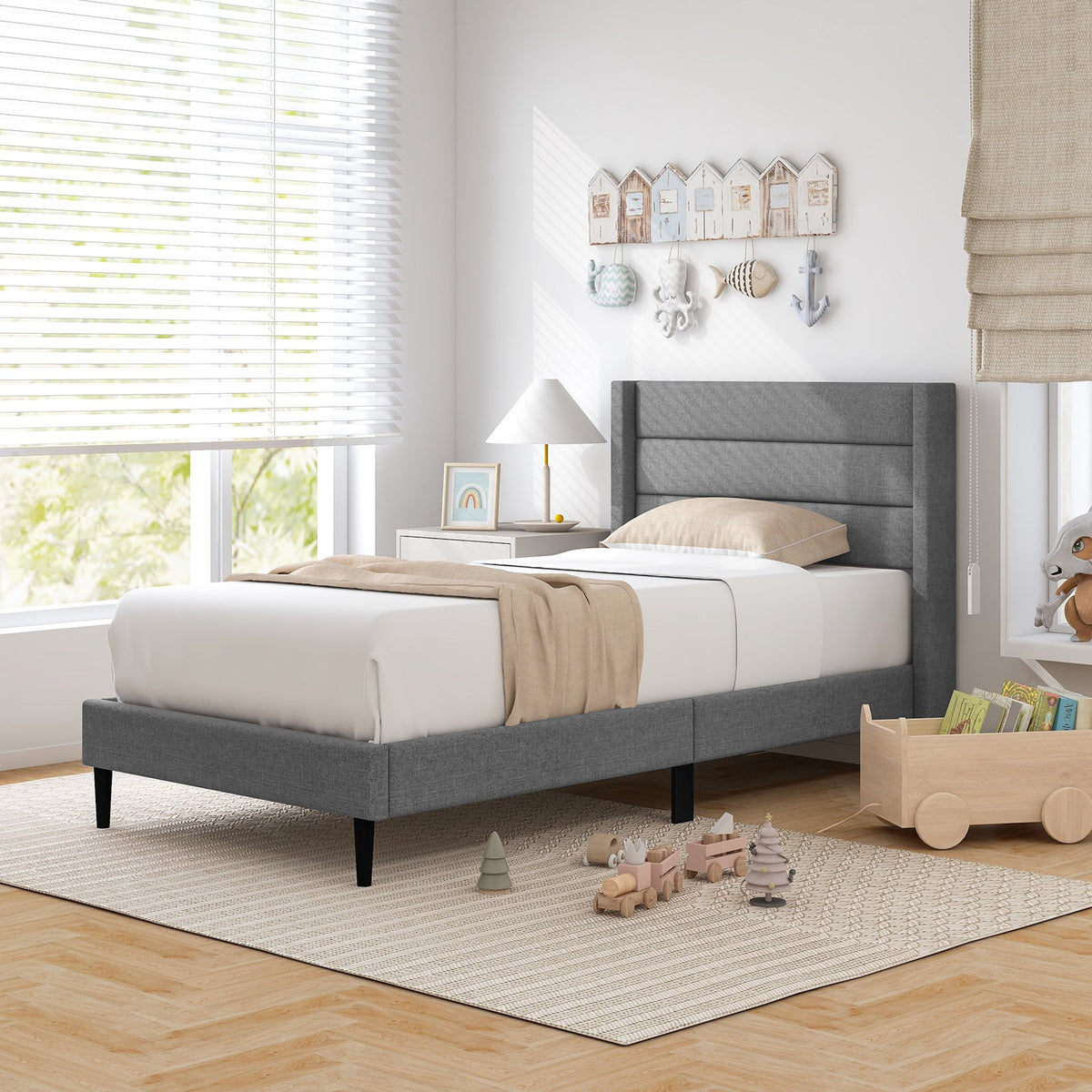 Linen Upholstered Platform Twin/Queen Bed Frame with Wingback Headboard-Twin Size view 3