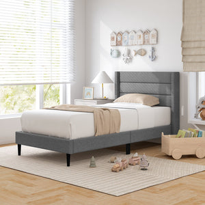 Linen Upholstered Platform Twin/Queen Bed Frame with Wingback Headboard-Twin Size view 3
