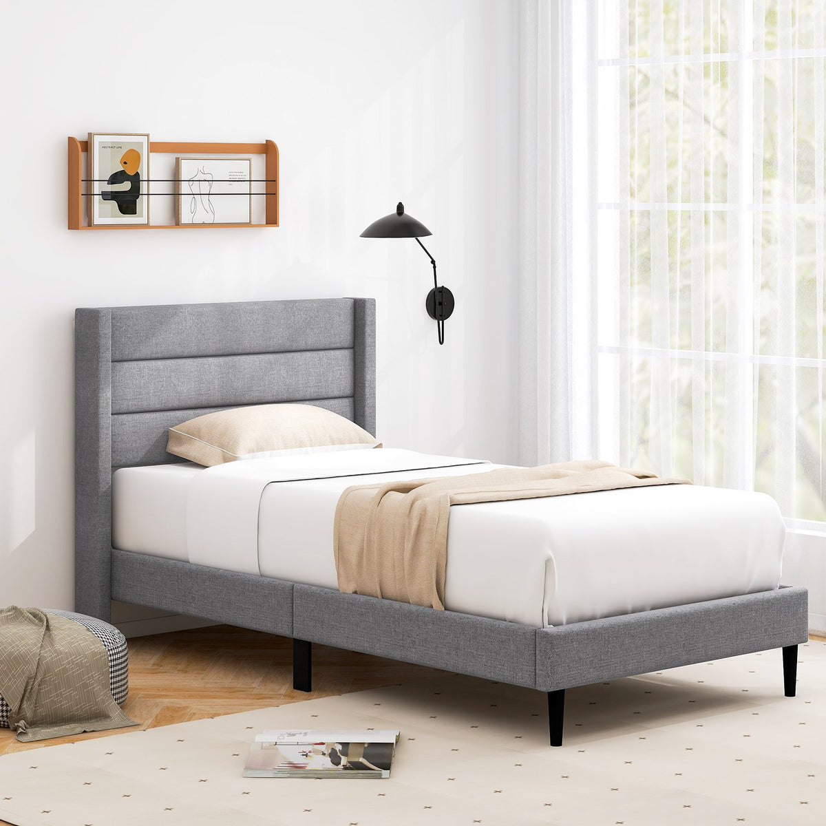 Linen Upholstered Platform Twin/Queen Bed Frame with Wingback Headboard-Twin Size view 5