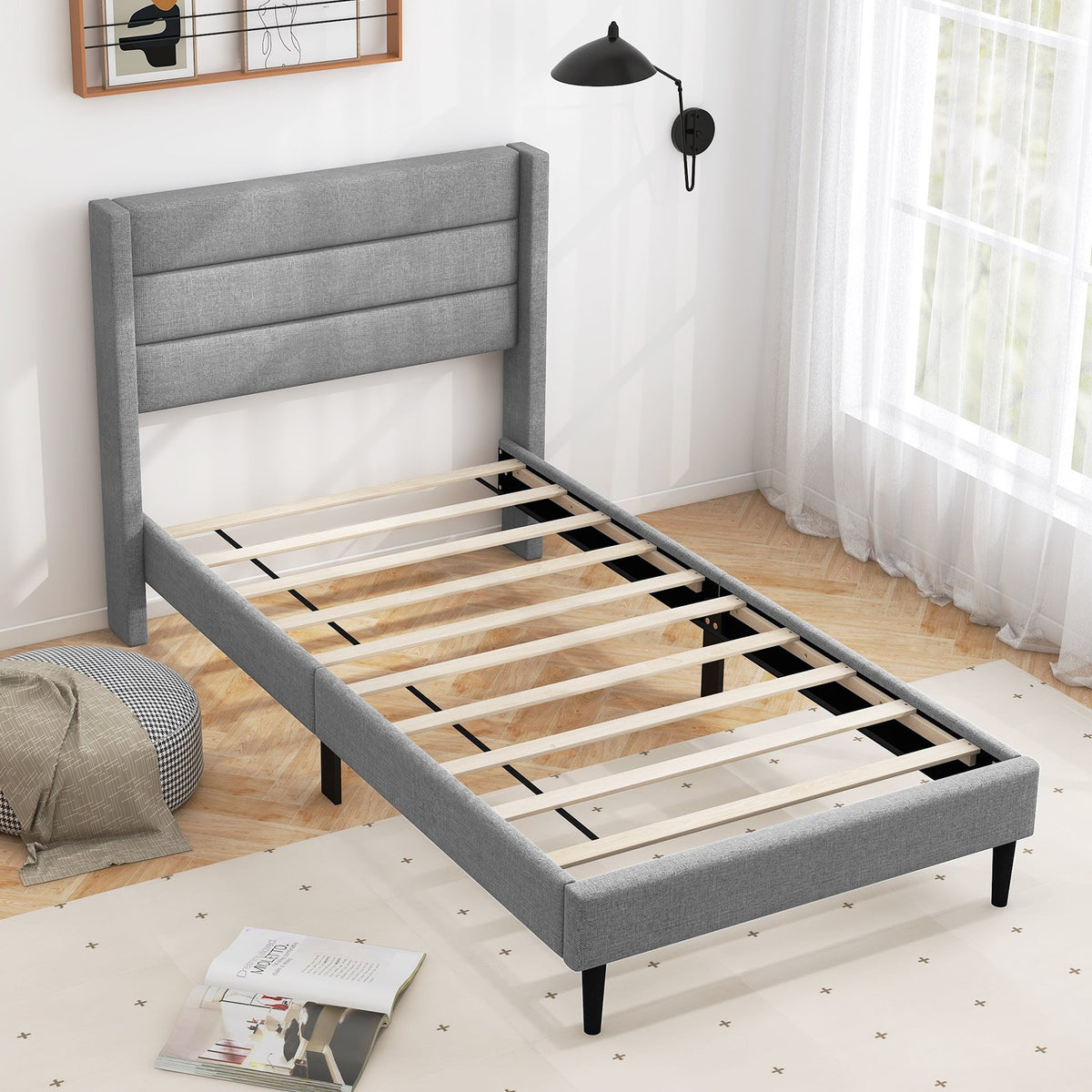 Linen Upholstered Platform Twin/Queen Bed Frame with Wingback Headboard-Twin Size view 6