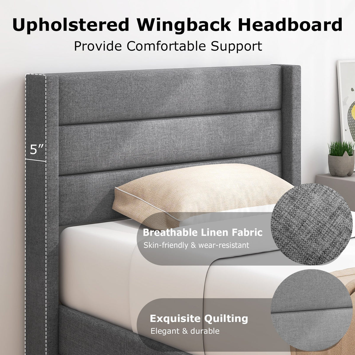 Linen Upholstered Platform Twin/Queen Bed Frame with Wingback Headboard-Twin Size view 7