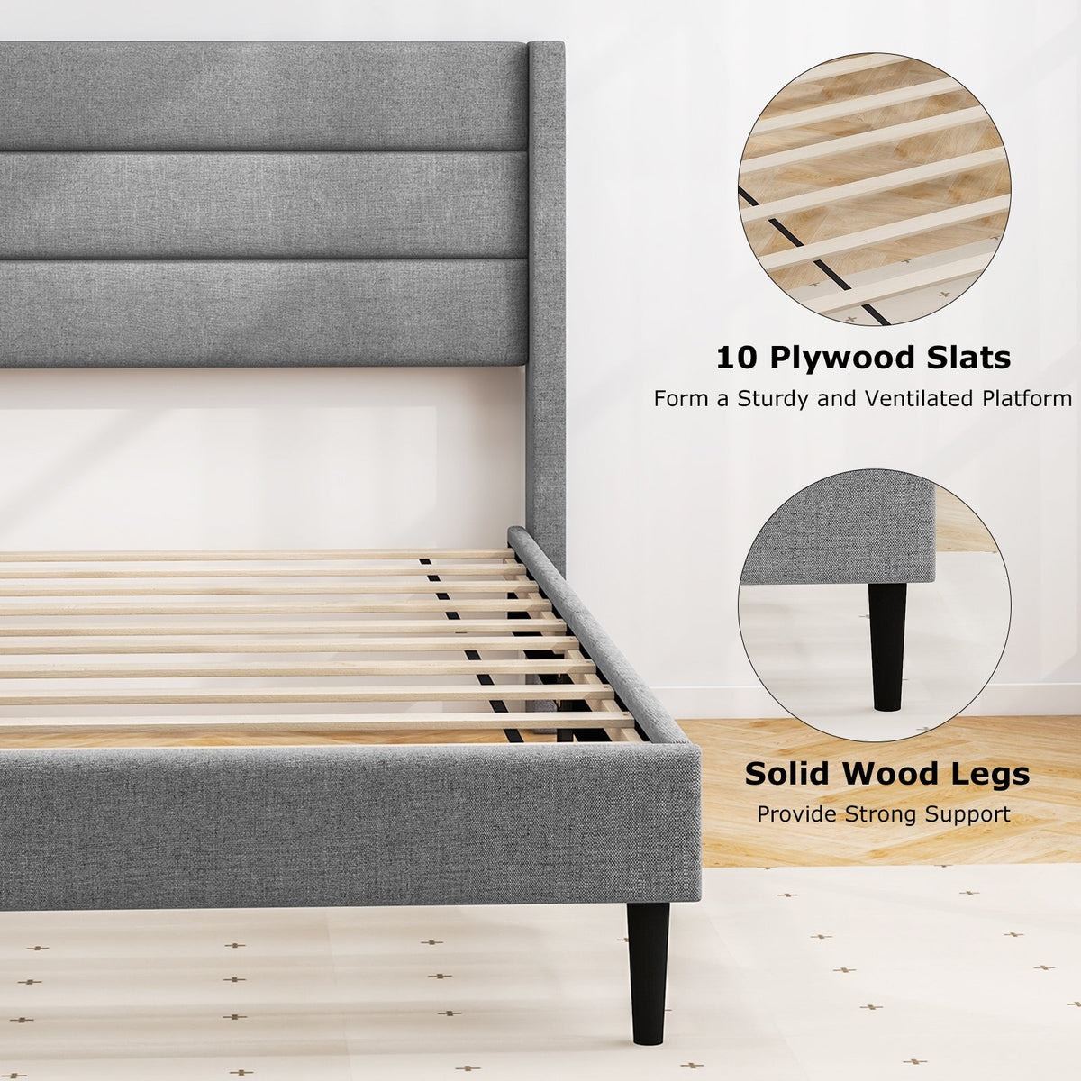 Linen Upholstered Platform Twin/Queen Bed Frame with Wingback Headboard-Twin Size view 9