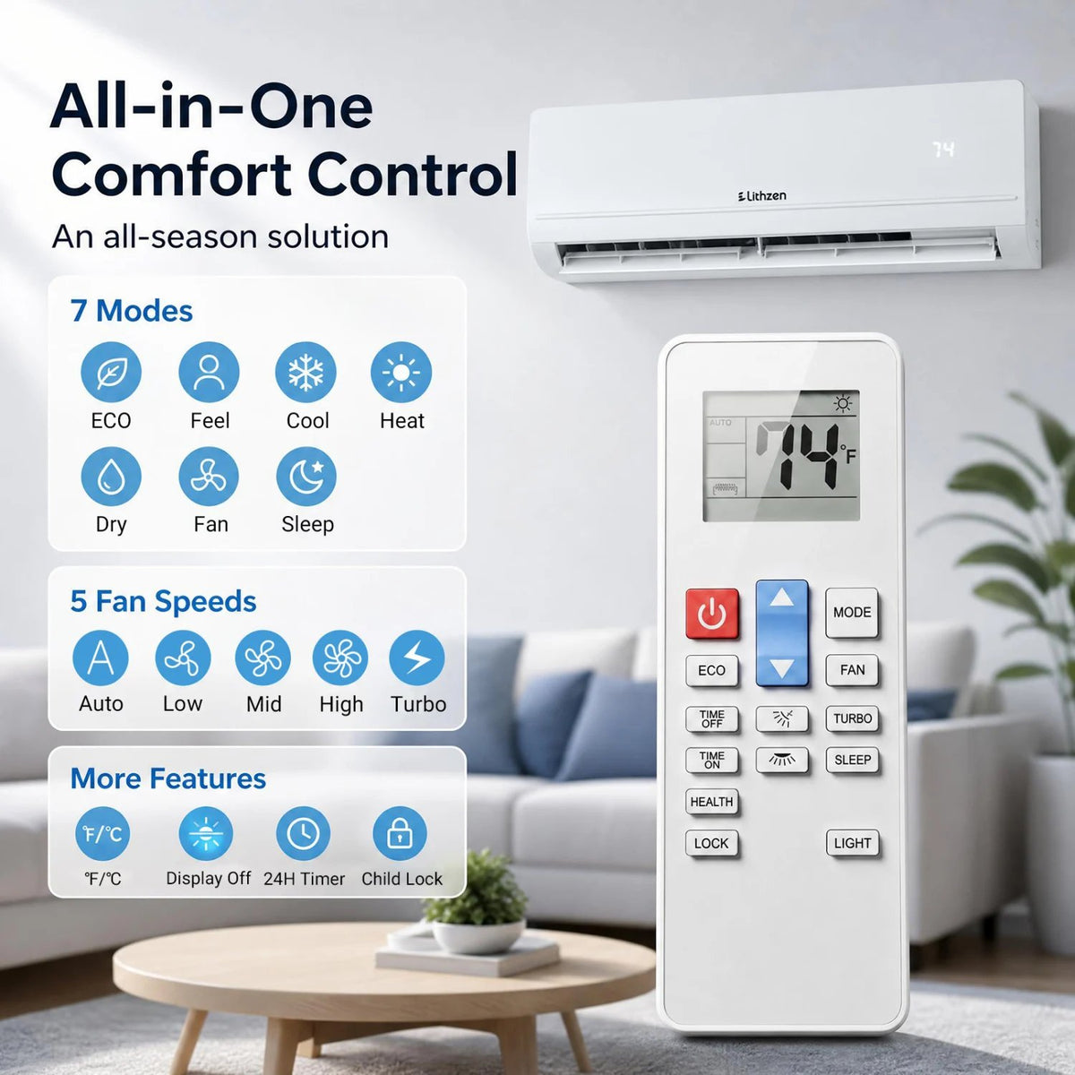 Lithzen 18000 BTU 208-230V 17 SEER2 Mini Split Air Conditioner and Heater WiFi Enabled view 5