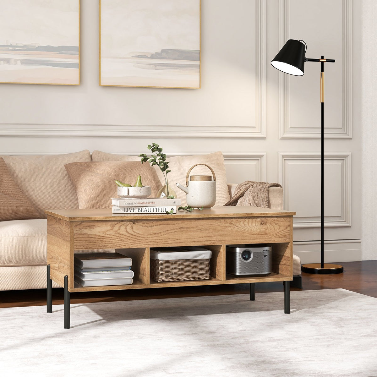 Living Room Central Table with Lifting Tabletop and Metal Legs-Natural view 3