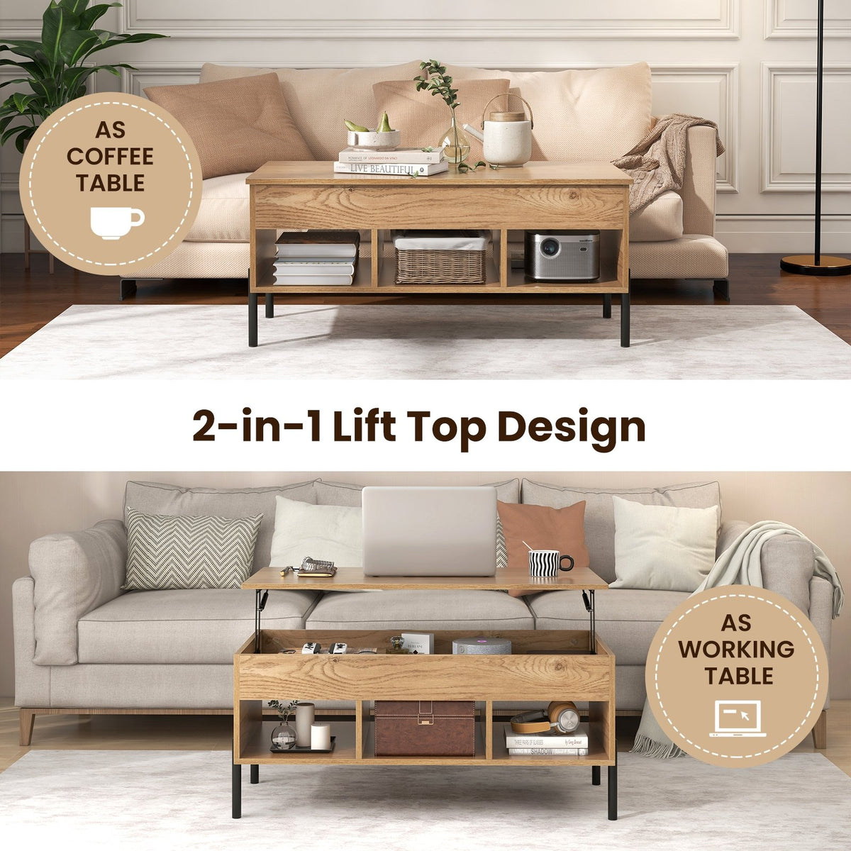 Living Room Central Table with Lifting Tabletop and Metal Legs-Natural view 6