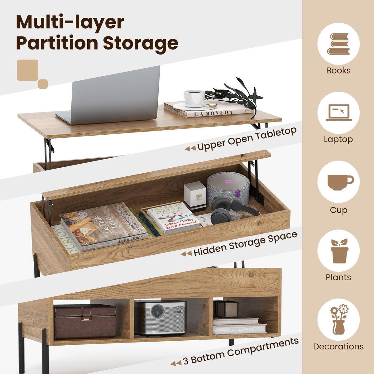Living Room Central Table with Lifting Tabletop and Metal Legs-Natural view 7