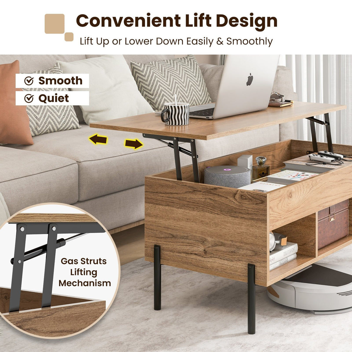 Living Room Central Table with Lifting Tabletop and Metal Legs-Natural view 8