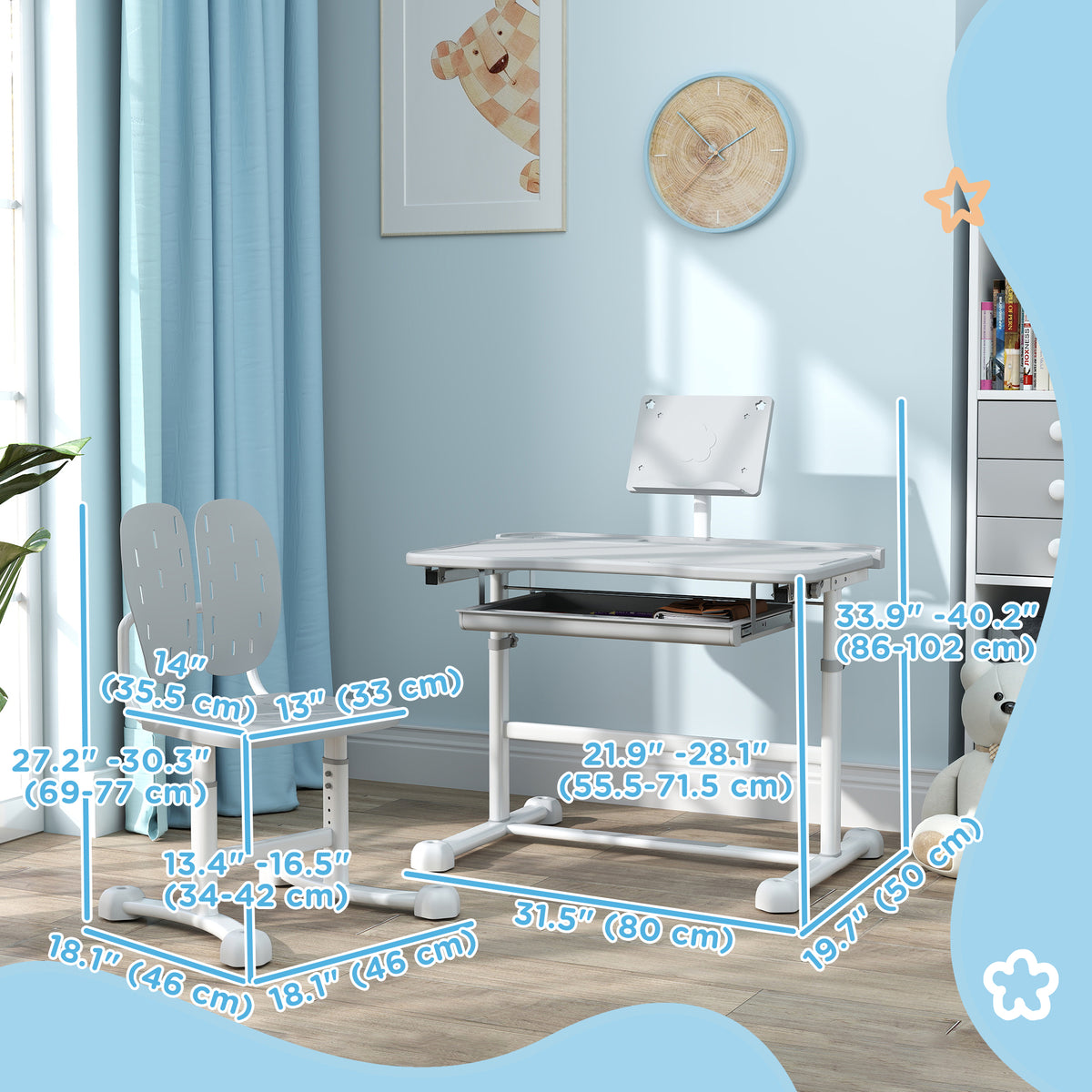 Qaba Height Adjustable Kids Desk and Chair Set with Tilt Desktop, Large Writing Board, Storage Drawer, Book Stand