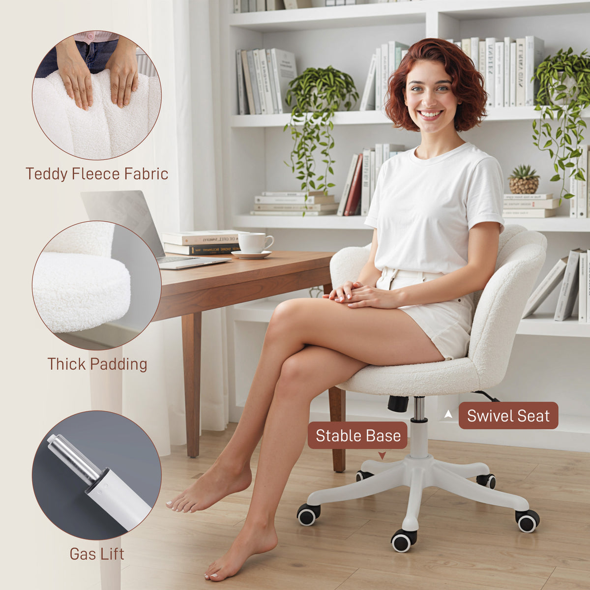 Office Chair, Armless Swivel Desk Chair with Adjustable Height, Backrest, Tilt Function for Office, Vanity, Cream White