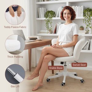 Office Chair, Armless Swivel Desk Chair with Adjustable Height, Backrest, Tilt Function for Office, Vanity, Cream White