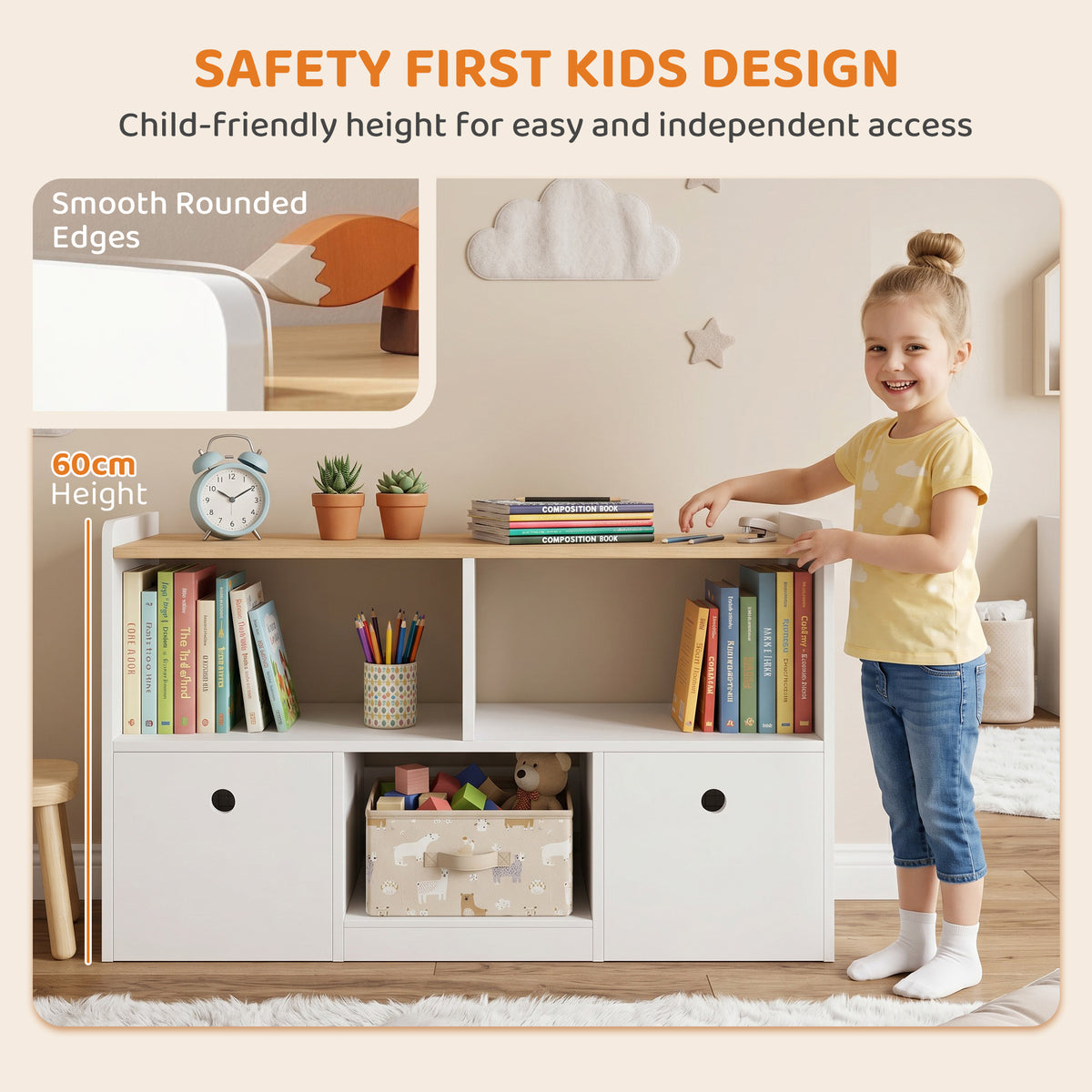 Qaba Toy Storage Organizer, Toy Organizers and Storage with 2 Movable Drawers and 3 Cubbies for Playroom, Nursery, White