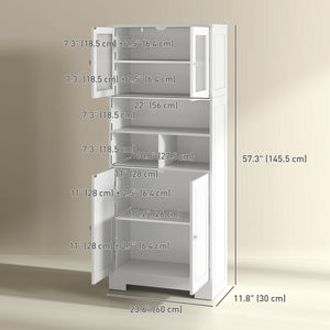 57" Kitchen Pantry, Freestanding Pantry Storage Cabinet with Glass Doors, Adjustable Shelves, Open Compartments, White