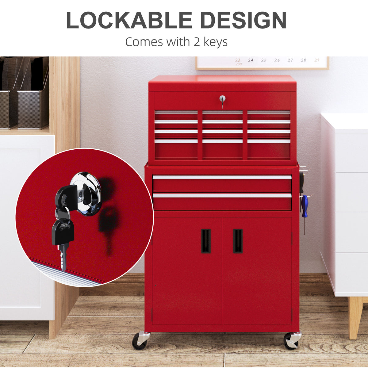 6-Drawer Rolling Tool Chest, 2 in 1 Lockable Storage Cabinet with Hooks, Metal Tool Box for Garage – view 12