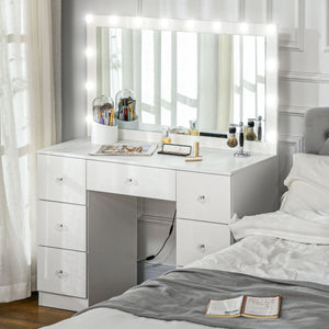 Makeup Vanity Table, Dressing Table with Mirror and Lights, Modern Makeup Table with 7 Drawers and 10 LED Lights, White