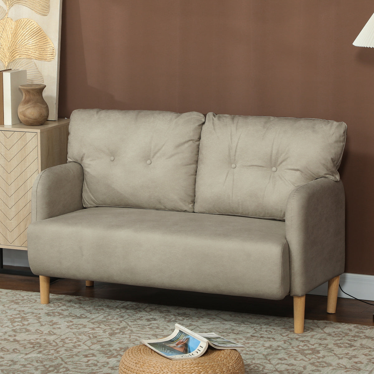 58" 2 Seat Sofa, Modern Love Seats Furniture, Upholstered 2 Seater Couch, Solid Wood Frame, Beige – view 7