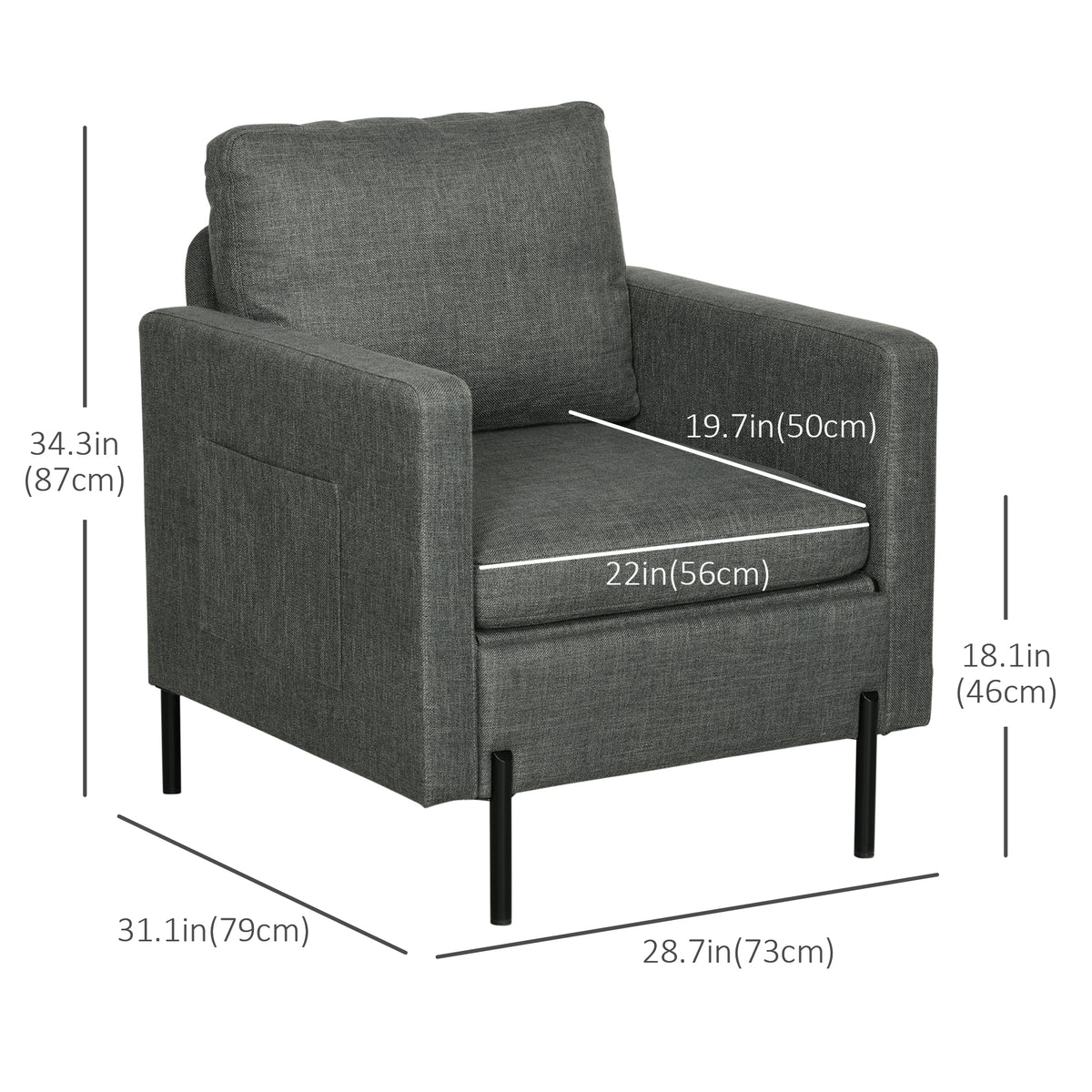 Accent Chair Modern Upholstered Armchair with Side Pockets and Cushion for Bedroom, Living Room, Beige – view 16