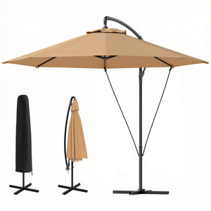 9.5' Cantilever Umbrella with Wind Protection Strap and Cover, Hanging Umbrella with Crank and Cross Base, UPF 50+, Grey