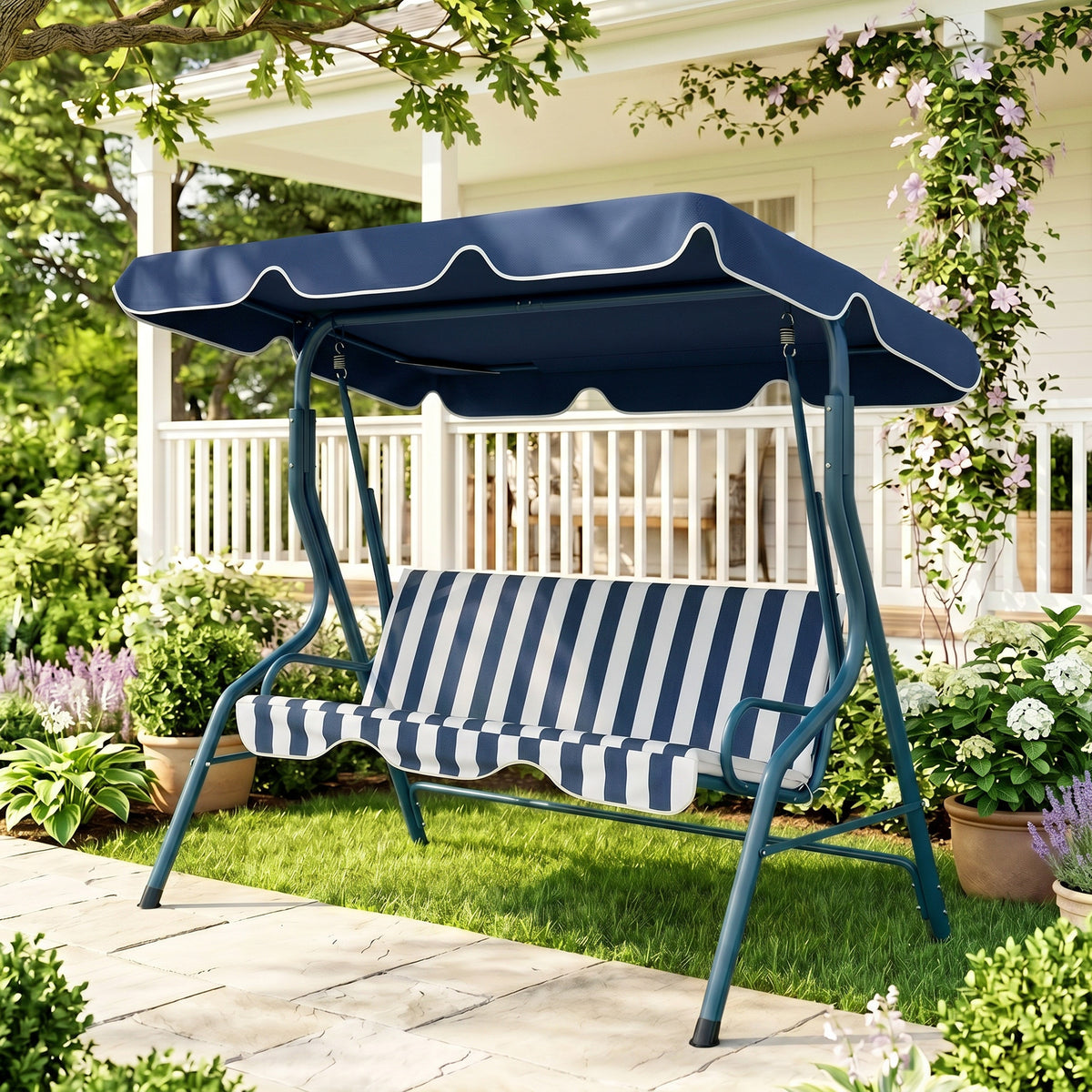 Outdoor Porch Swing with Adjustable Canopy, 3-Seater Patio Swing Chair with Cushion, Black – view 14