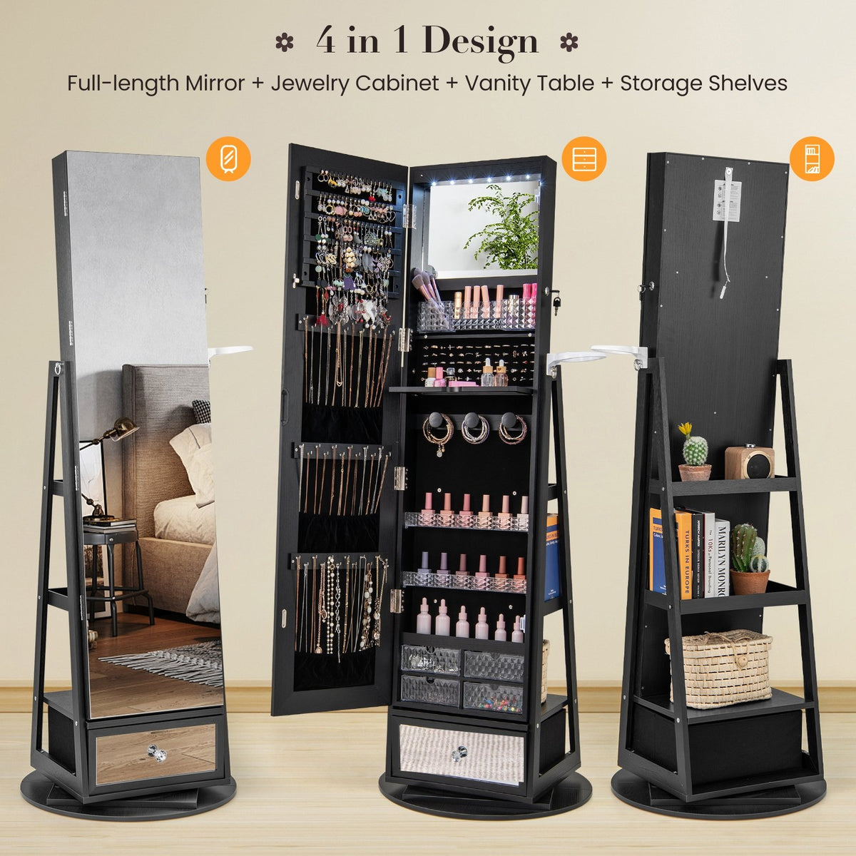 Lockable 360° Swivel Jewelry Cabinet with Full-Length Mirror LED Lights-Black view 6