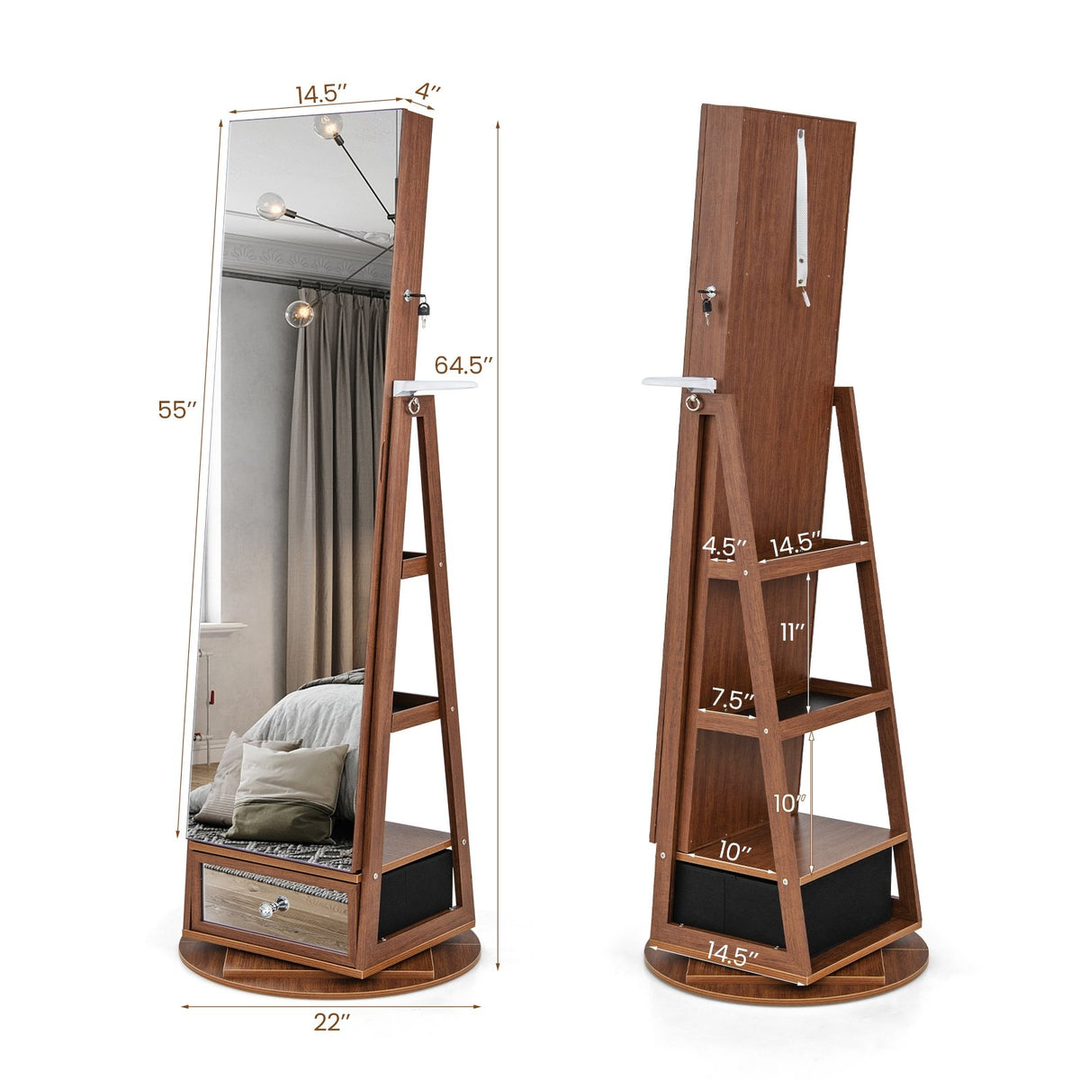 Lockable 360° Swivel Jewelry Cabinet with Full-Length Mirror LED Lights-Walnut view 4