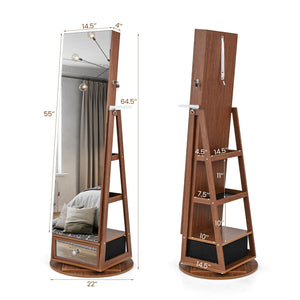 Lockable 360° Swivel Jewelry Cabinet with Full-Length Mirror LED Lights-Walnut view 4