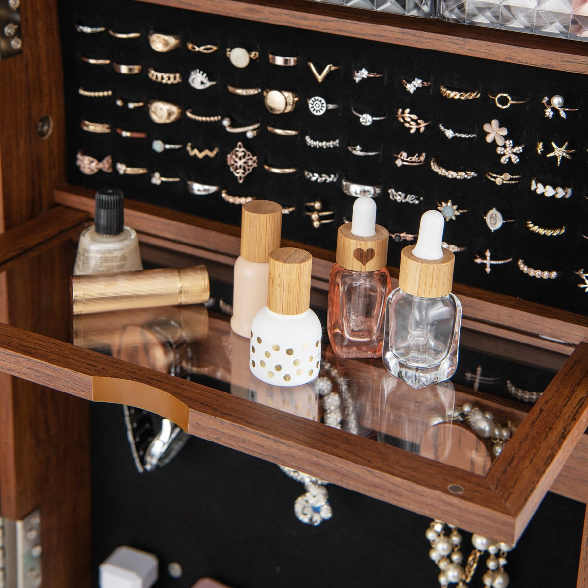Lockable 360° Swivel Jewelry Cabinet with Full-Length Mirror LED Lights-Walnut view 5