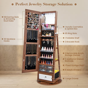 Lockable 360° Swivel Jewelry Cabinet with Full-Length Mirror LED Lights-Walnut view 8