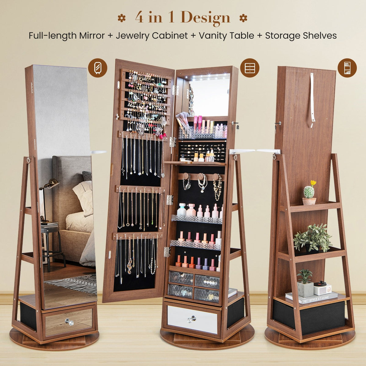 Lockable 360° Swivel Jewelry Cabinet with Full-Length Mirror LED Lights-Walnut view 9