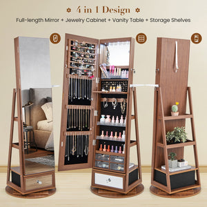 Lockable 360° Swivel Jewelry Cabinet with Full-Length Mirror LED Lights-Walnut view 9