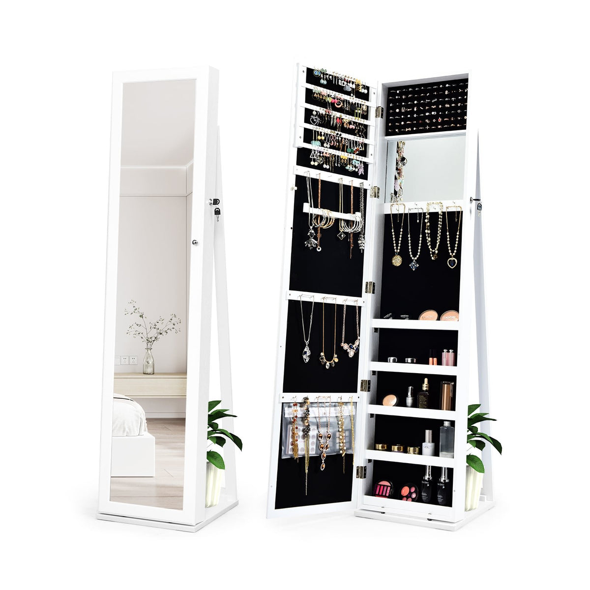 Lockable Freestanding Jewelry Armoire with Full Length Mirror-White