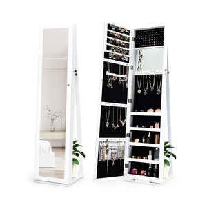 Lockable Freestanding Jewelry Armoire with Full Length Mirror-White