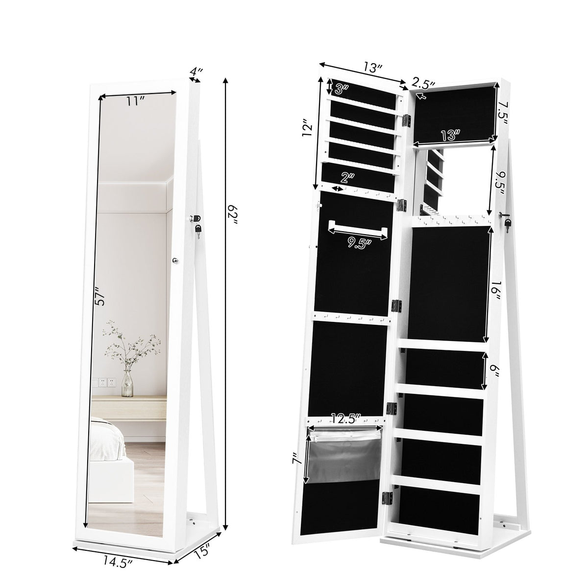 Lockable Freestanding Jewelry Armoire with Full Length Mirror-White view 3