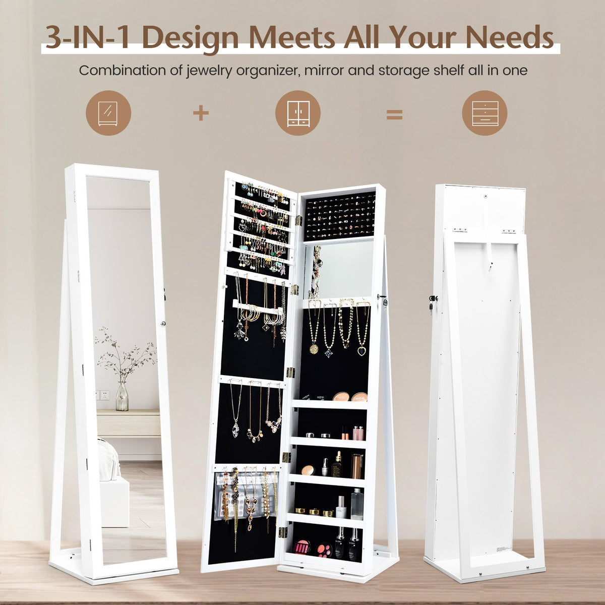 Lockable Freestanding Jewelry Armoire with Full Length Mirror-White view 4