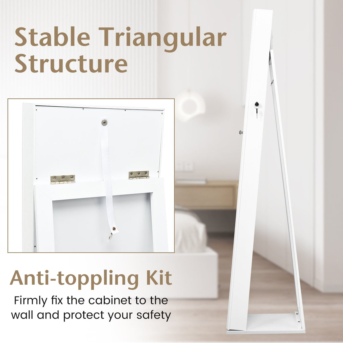 Lockable Freestanding Jewelry Armoire with Full Length Mirror-White view 6
