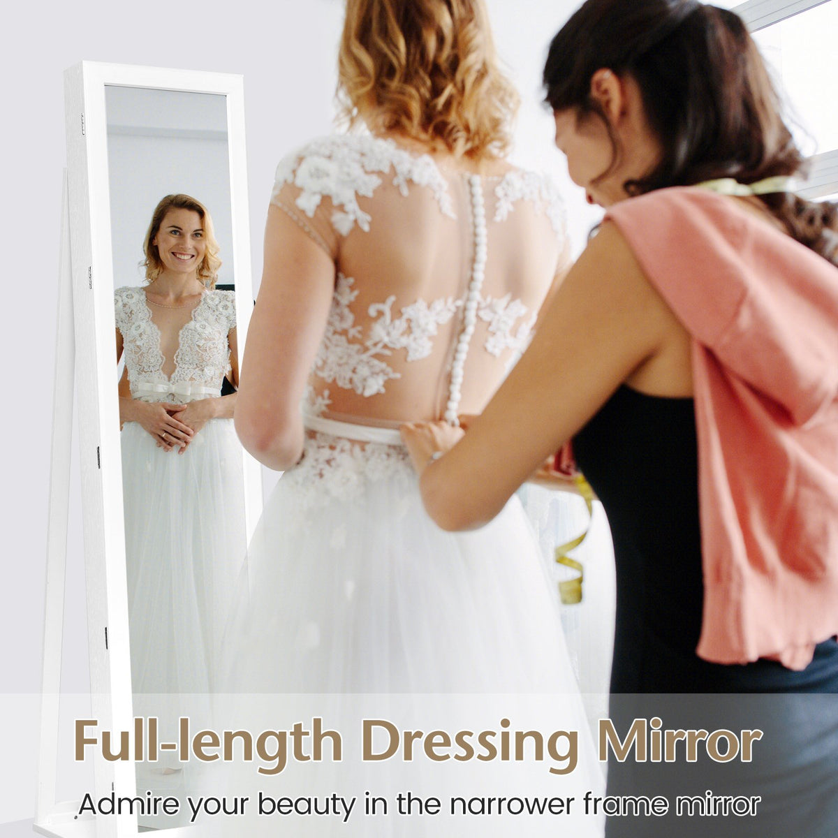Lockable Freestanding Jewelry Armoire with Full Length Mirror-White view 7